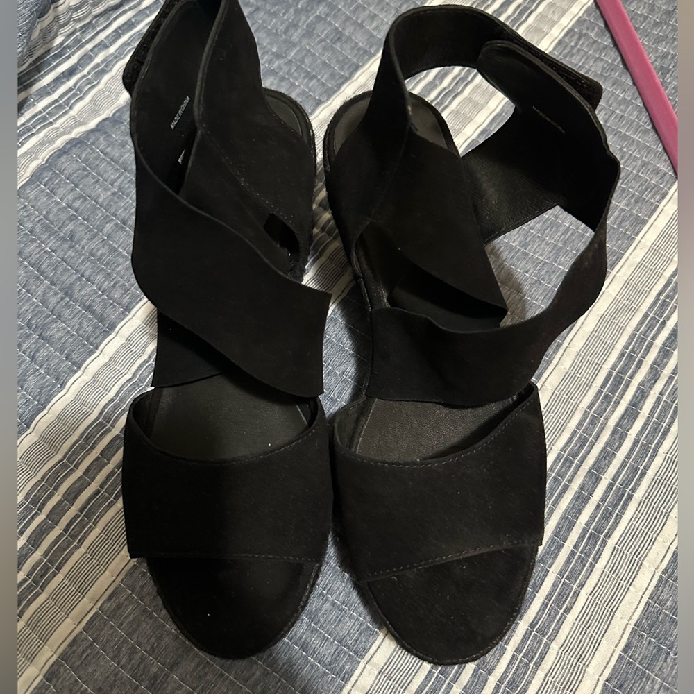 Eileen Fisher Black Suede Crisscross Ankle-Wrap Sandals